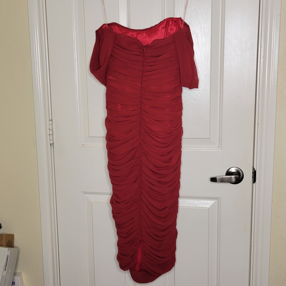 House of CB Carlotta Wine Ruched Draped Chiffon Dress - Picture 7 of 11